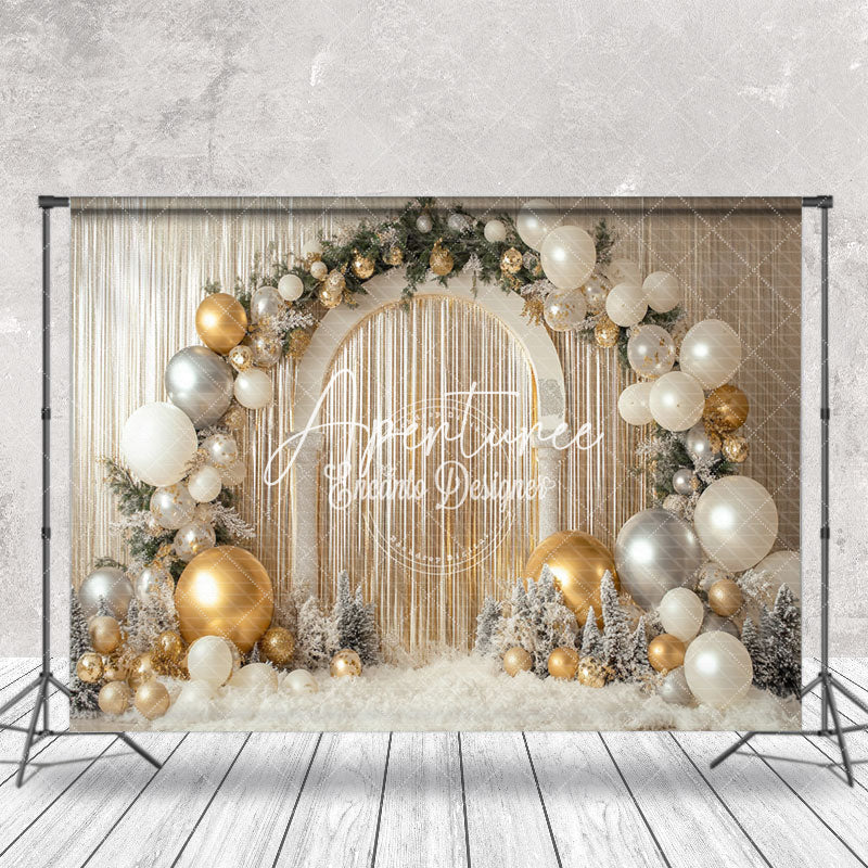 Aperturee - Aperturee White Gold Balloons Arch Leaves Christmas Backdrop