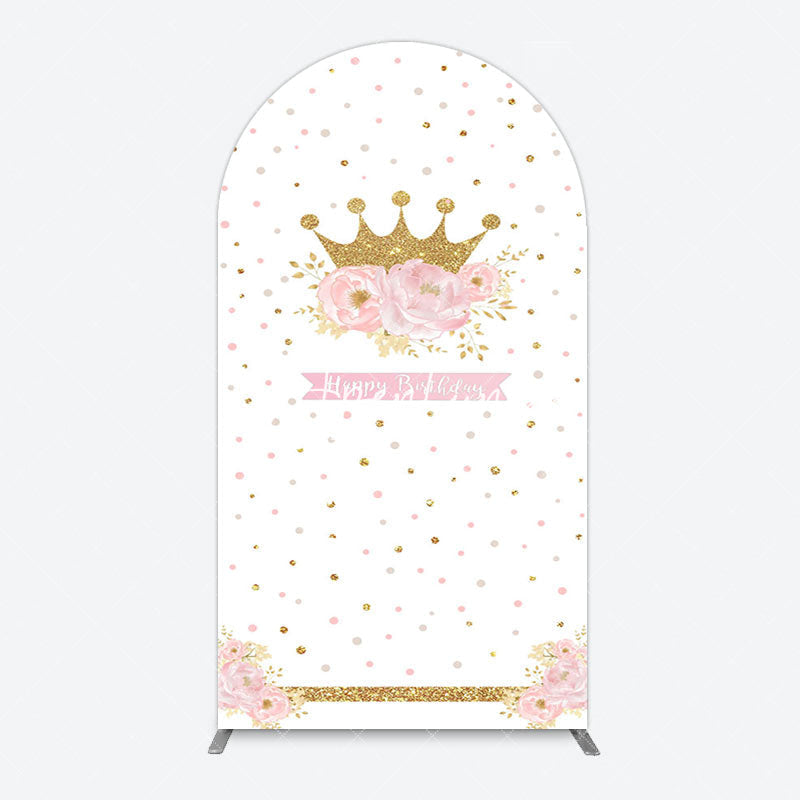 Aperturee - Aperturee White Gold Crown Pink Floral Arch Birthday Backdrop