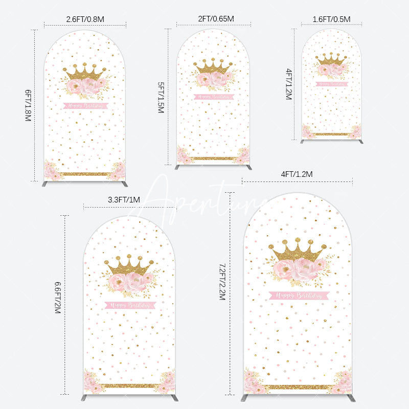 Aperturee - Aperturee White Gold Crown Pink Floral Arch Birthday Backdrop