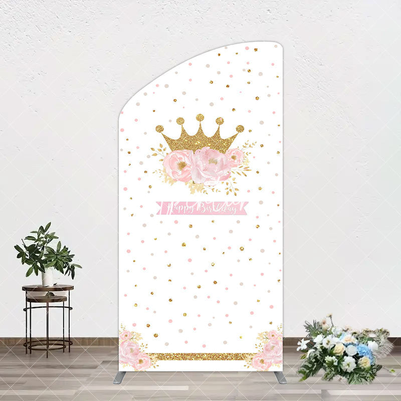 Aperturee - Aperturee White Gold Crown Pink Floral Arch Birthday Backdrop