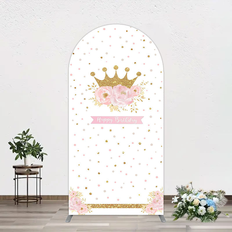 Aperturee - Aperturee White Gold Crown Pink Floral Arch Birthday Backdrop