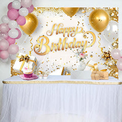 Aperturee - Aperturee White Gold Gifts Balloons Happy Birthday Backdrop