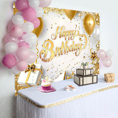 Aperturee - Aperturee White Gold Gifts Balloons Happy Birthday Backdrop