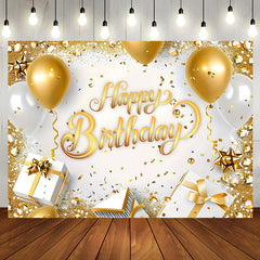 Aperturee - Aperturee White Gold Gifts Balloons Happy Birthday Backdrop