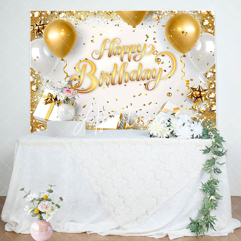 Aperturee - Aperturee White Gold Gifts Balloons Happy Birthday Backdrop