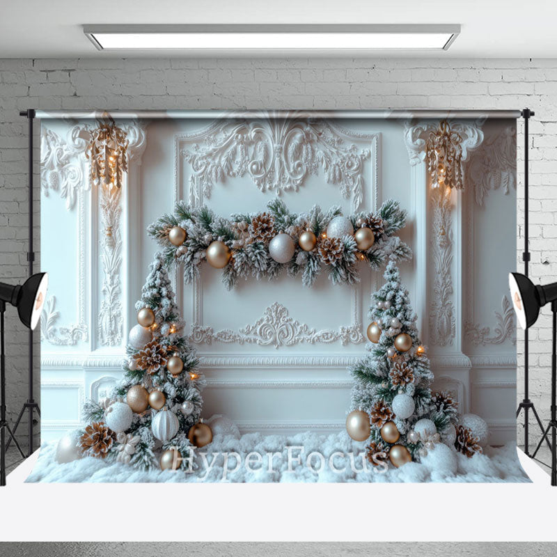 Aperturee - Aperturee White Gold Luxury Wall Snowy Pine Leaves Backdrop