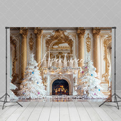 Aperturee - Aperturee White Gold Palace Wall Fireplace Christmas Backdrop