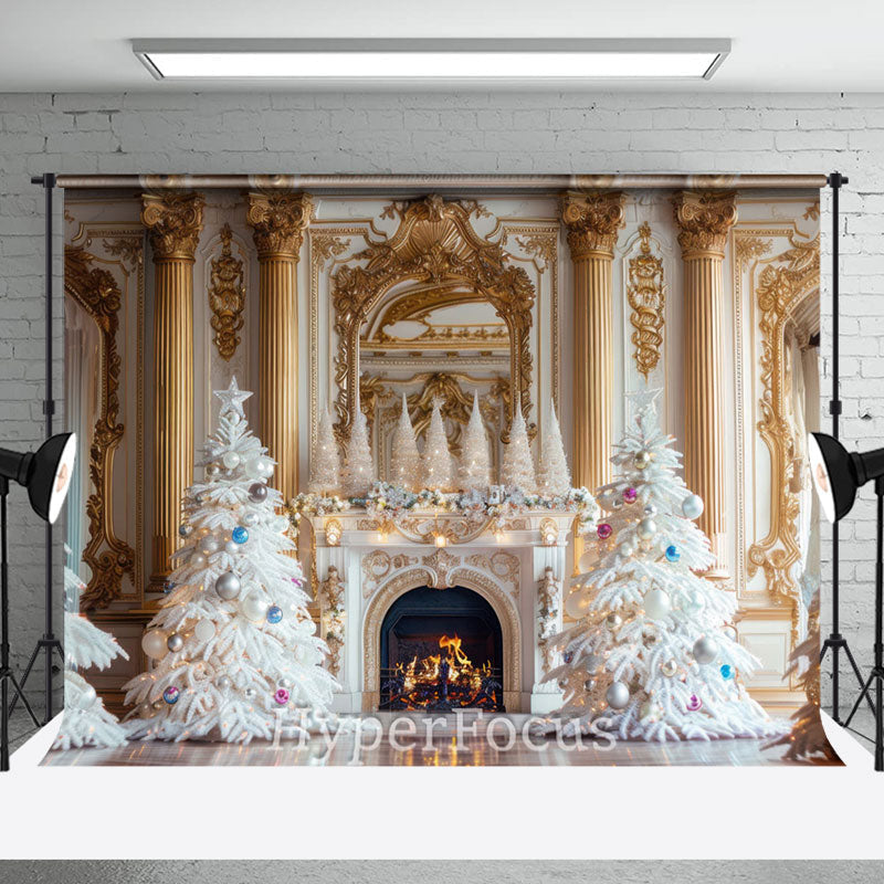 Aperturee - Aperturee White Gold Palace Wall Fireplace Christmas Backdrop