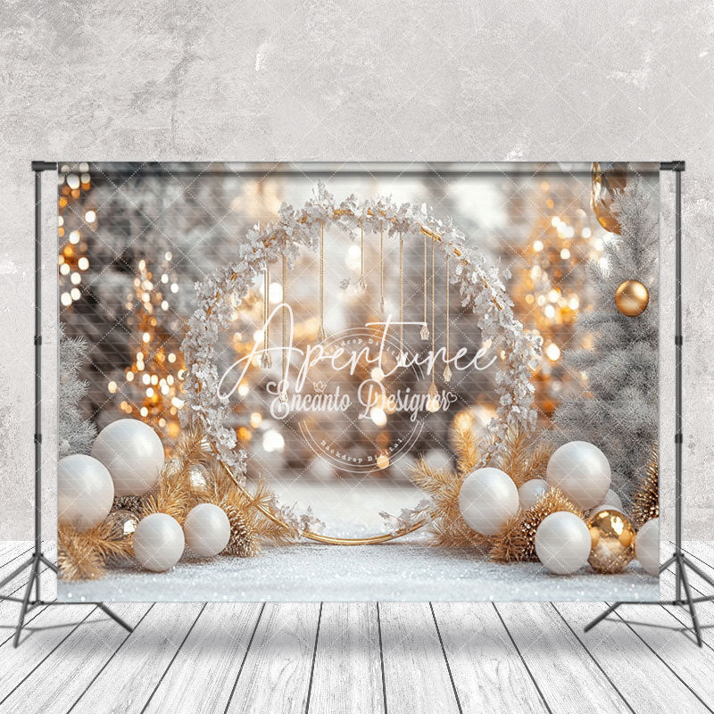 Aperturee - Aperturee White Gold Snowy Leaves Balloons Christmas Backdrop