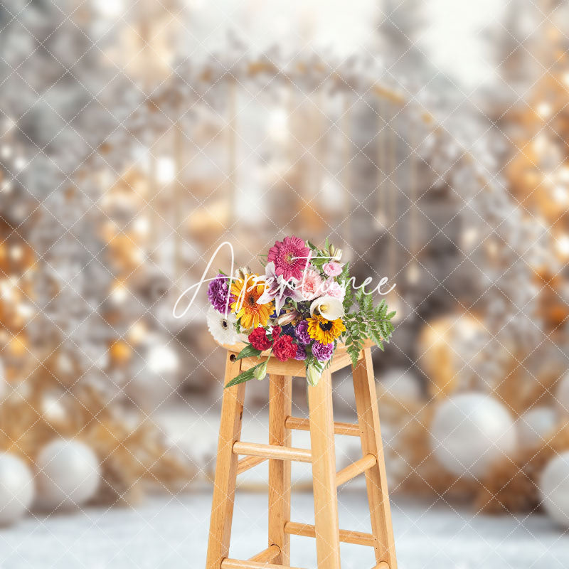 Aperturee - Aperturee White Gold Snowy Leaves Balloons Christmas Backdrop