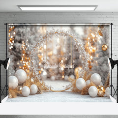 Aperturee - Aperturee White Gold Snowy Leaves Balloons Christmas Backdrop