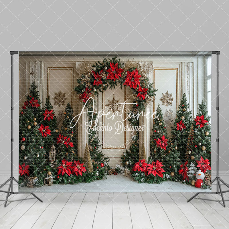 Aperturee - Aperturee White Gold Wall Poinsettia Trees Christmas Backdrop