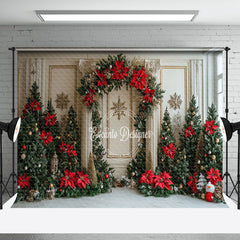 Aperturee - Aperturee White Gold Wall Poinsettia Trees Christmas Backdrop