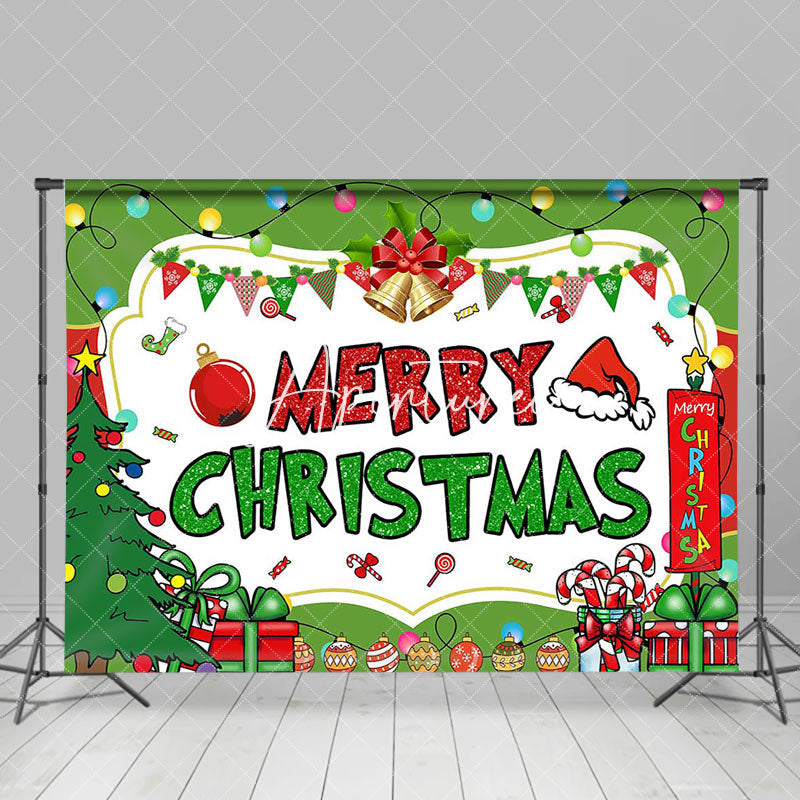 Aperturee - Aperturee White Green Tree Bell Gifts Merry Christmas Backdrop