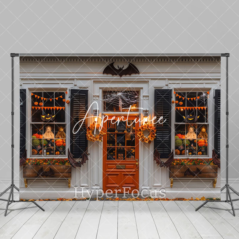 Aperturee - Aperturee White Grey Halloween Store Bats Porch Photo Backdrop