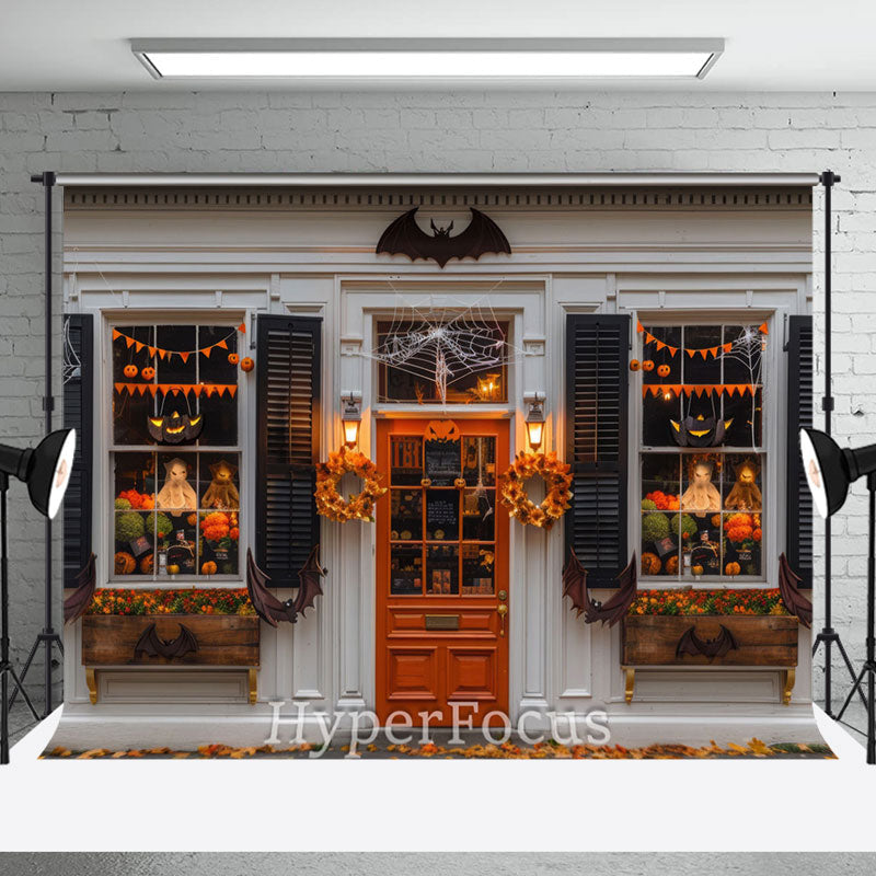 Aperturee - Aperturee White Grey Halloween Store Bats Porch Photo Backdrop