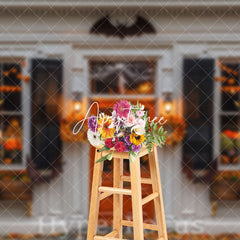 Aperturee - Aperturee White Grey Halloween Store Bats Porch Photo Backdrop