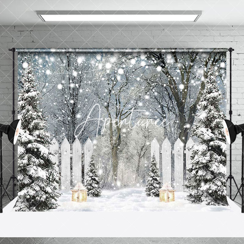 Aperturee - Aperturee White Heavy Snowy Forest Fence Room Set Backdrop