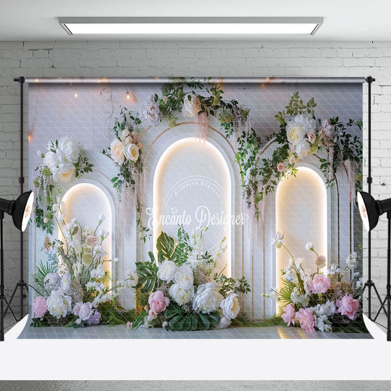 Aperturee - Aperturee White Lighted Arch Wall Plant Floral Wedding Backdrop