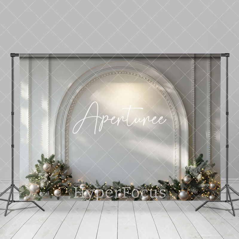 Aperturee - Aperturee White Luxury Arch Wall Pine Leaf Christmas Backdrop