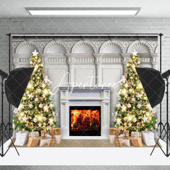 Aperturee - Aperturee White Luxury Fireplace Tree Gift Christmas Backdrop