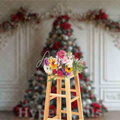 Aperturee - Aperturee White Luxury Wall Red Bow Tie Tree Christmas Backdrop