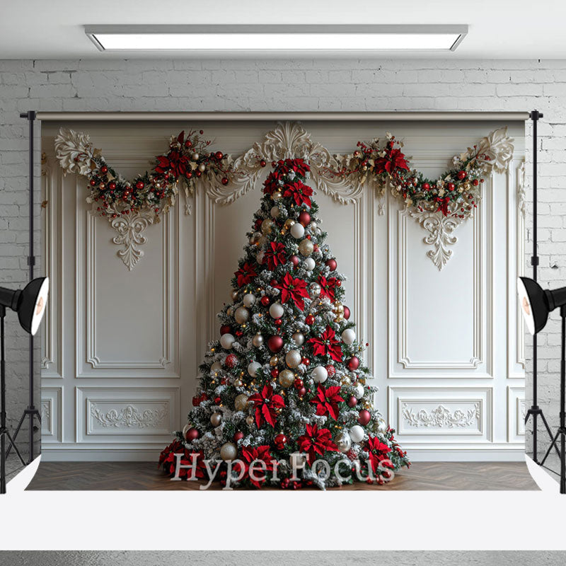 Aperturee - Aperturee White Luxury Wall Red Bow Tie Tree Christmas Backdrop