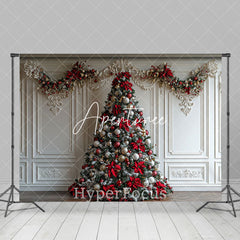 Aperturee - Aperturee White Luxury Wall Red Bow Tie Tree Christmas Backdrop