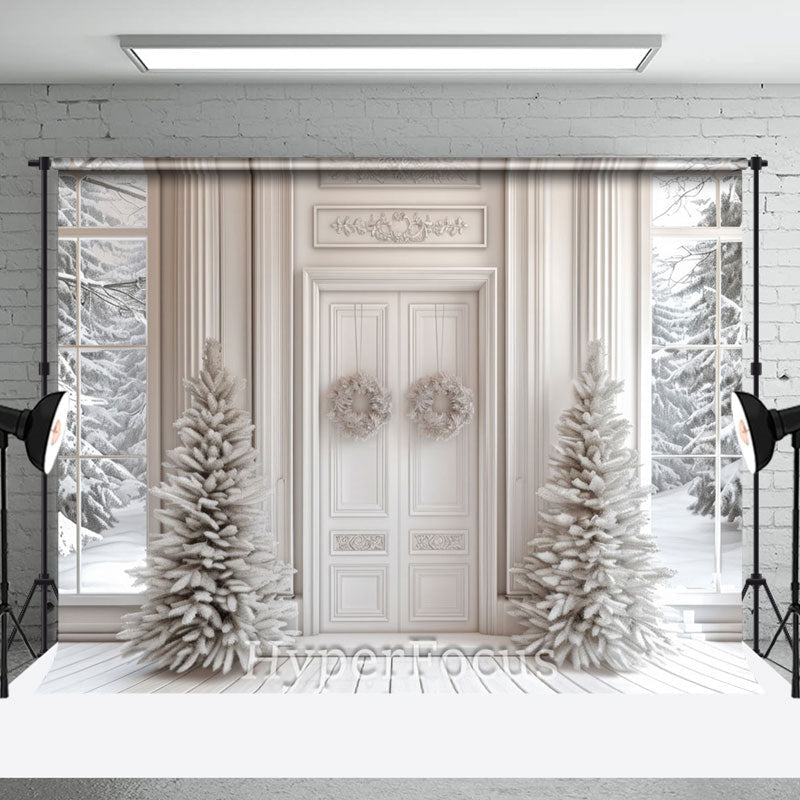 Aperturee - Aperturee White Luxury Window Winter Snowy Forest Backdrop