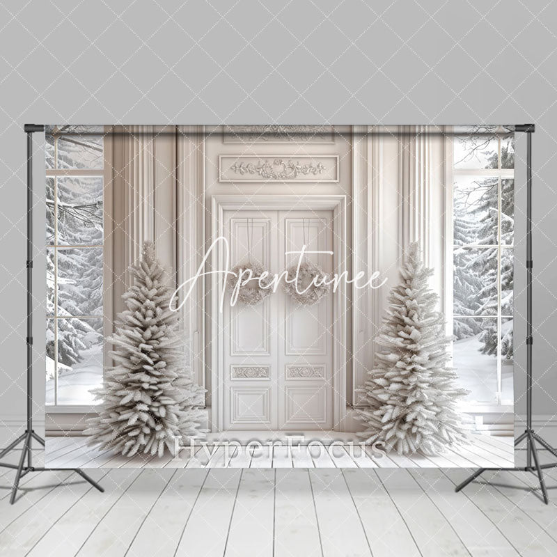 Aperturee - Aperturee White Luxury Window Winter Snowy Forest Backdrop