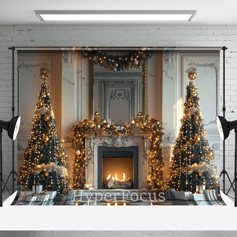 Aperturee - Aperturee White Marbled Wall Fireplace Tree Christmas Backdrop