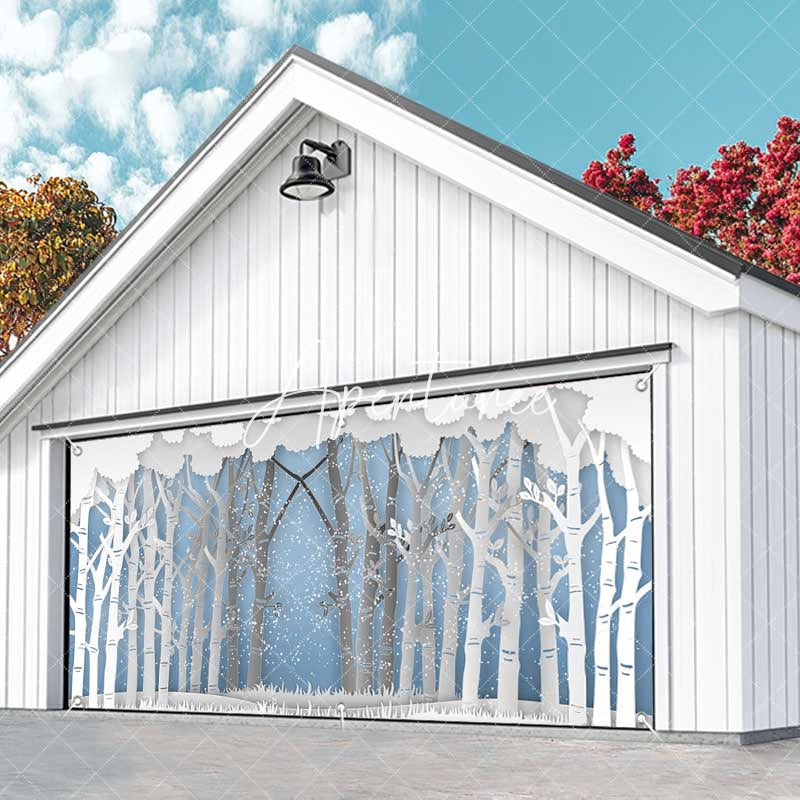 Aperturee - Aperturee White Paper Tree Snow Winter Xmas Garage Door Banner