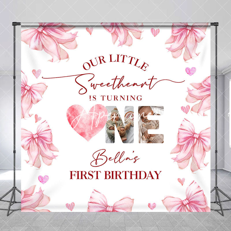 Aperturee - Aperturee White Pink Bow Tie Custom Name 1st Birthday Backdrop