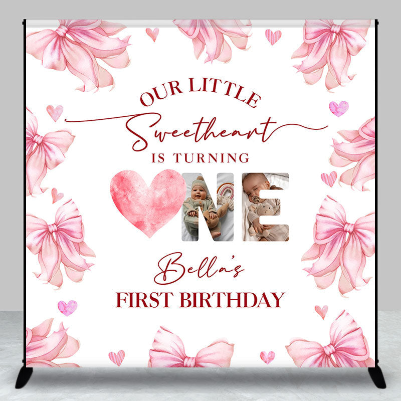 Aperturee - Aperturee White Pink Bow Tie Custom Name 1st Birthday Backdrop