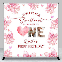 Aperturee - Aperturee White Pink Bow Tie Custom Name 1st Birthday Backdrop