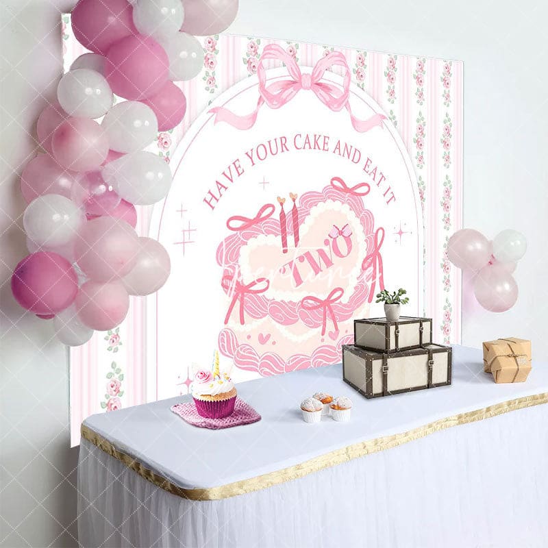 Aperturee - Aperturee White Pink Floral Bow Tie Cake 2nd Birthday Backdrop