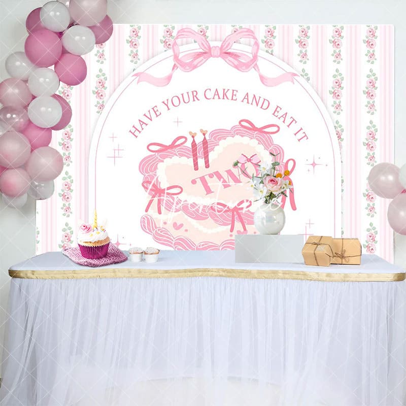 Aperturee - Aperturee White Pink Floral Bow Tie Cake 2nd Birthday Backdrop