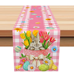 Aperturee - Aperturee White Pink Plaid Egg Bunny Floral Easter Table Runner