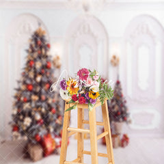 Aperturee - Aperturee White Pink Wall Pine Tree Gifts Christmas Backdrop