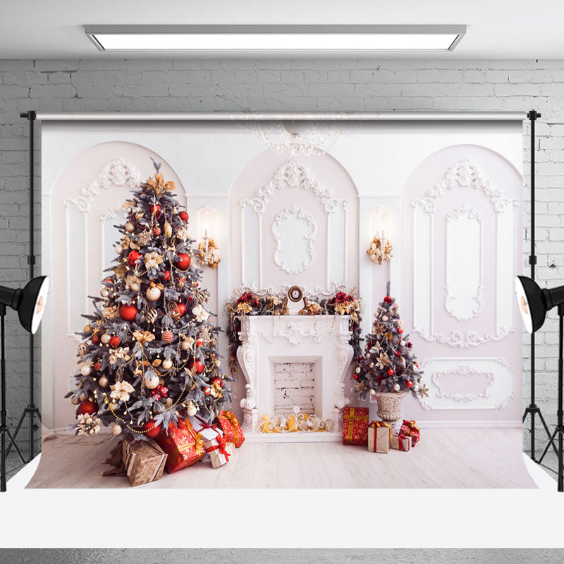 Aperturee - Aperturee White Pink Wall Pine Tree Gifts Christmas Backdrop