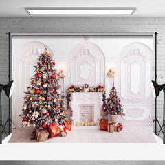 Aperturee - Aperturee White Pink Wall Pine Tree Gifts Christmas Backdrop