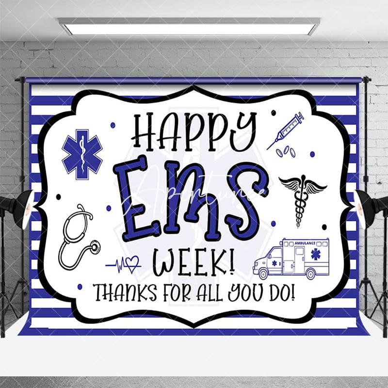 Aperturee - Aperturee White Purple Stripe Happy EMS Week Thank You Backdrop