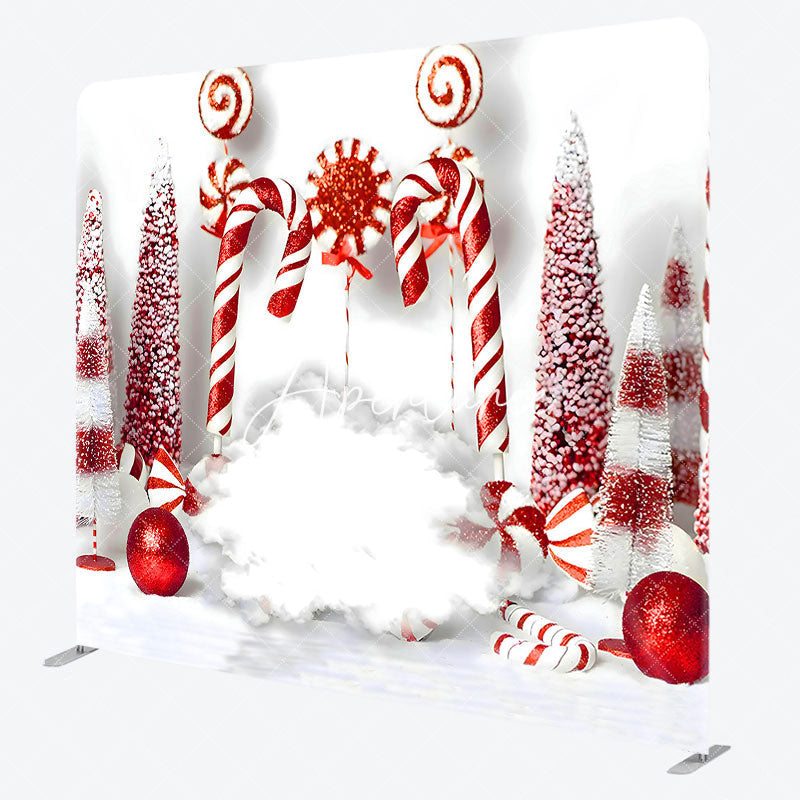 Aperturee - Aperturee White Red Candy Cane Bauble Tension Fabric Backdrop