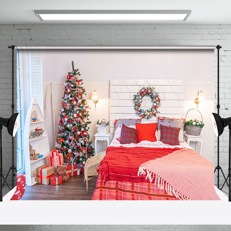 Aperturee - Aperturee White Red Christmas Festive Bedroom Scene Backdrop