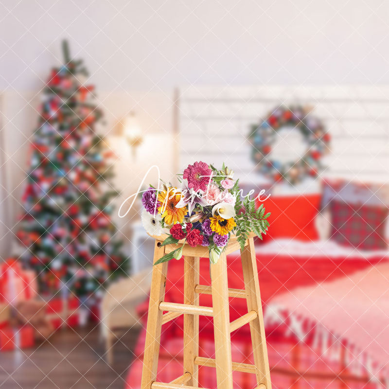 Aperturee - Aperturee White Red Christmas Festive Bedroom Scene Backdrop