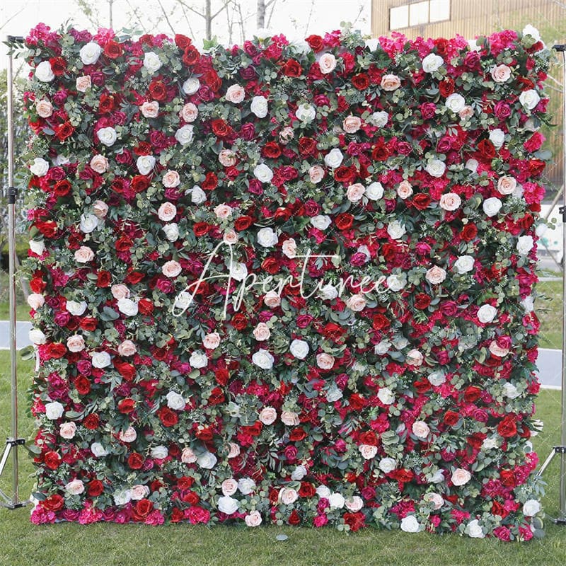 Aperturee - Aperturee White Red Rose Artificial Flower Wall Decor Backdrop