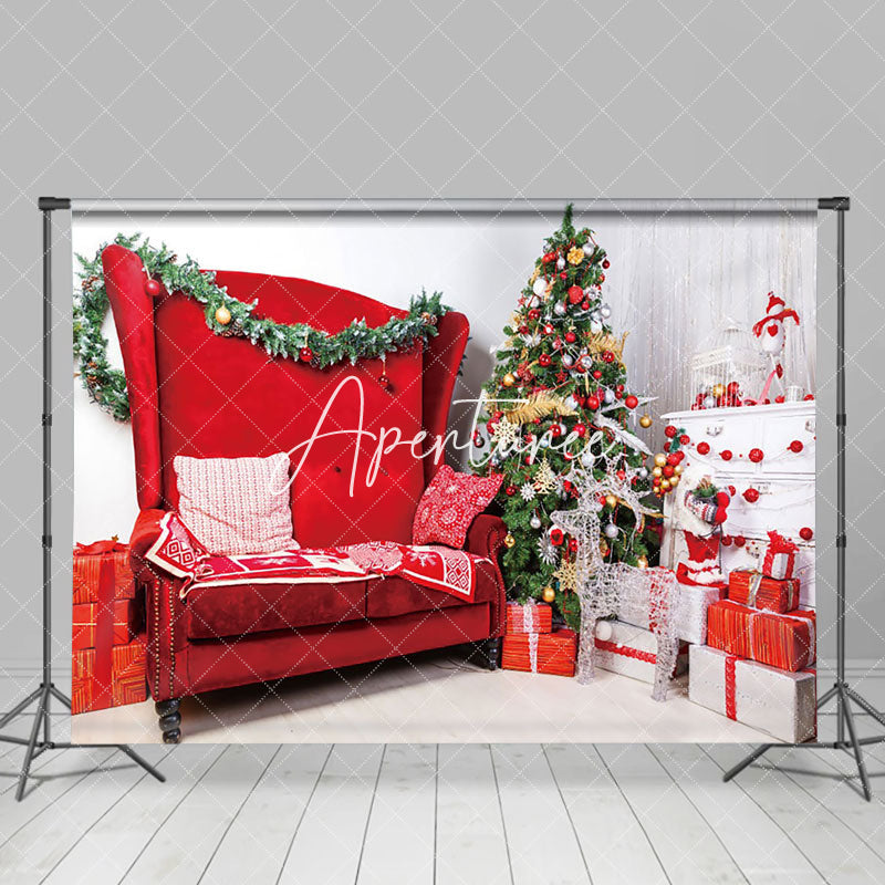 Aperturee - Aperturee White Red Sofa Gifts Xmas Trees Christmas Backdrop