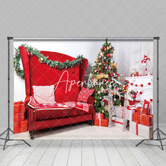 Aperturee - Aperturee White Red Sofa Gifts Xmas Trees Christmas Backdrop