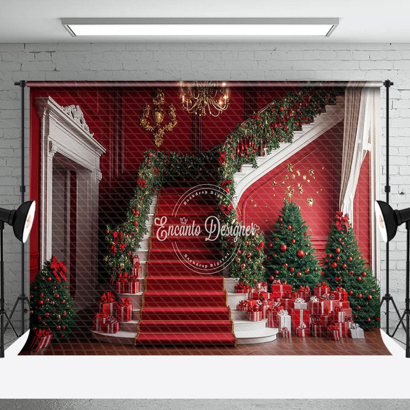 Aperturee - Aperturee White Red Stairs Leaves Gifts Christmas Backdrop