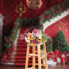 Aperturee - Aperturee White Red Stairs Leaves Gifts Christmas Backdrop